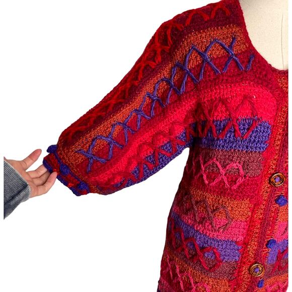 VINTAGE 60s XS Mod HAND KNIT Sweater Mini Dress $380 WOOL Puff Sleeves Red Blue - Picture 6 of 15